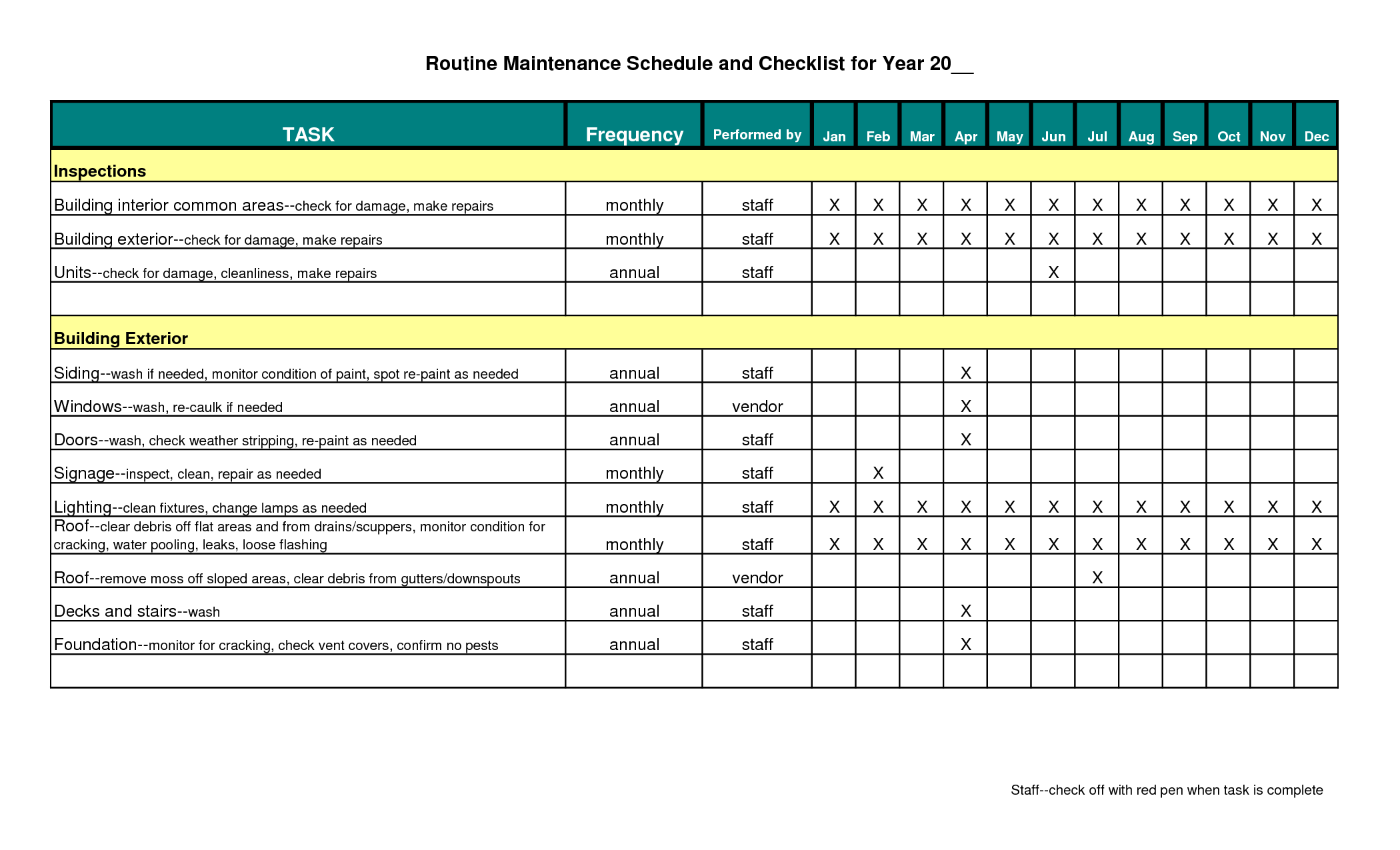 Building Maintenance Schedule Template printable schedule template