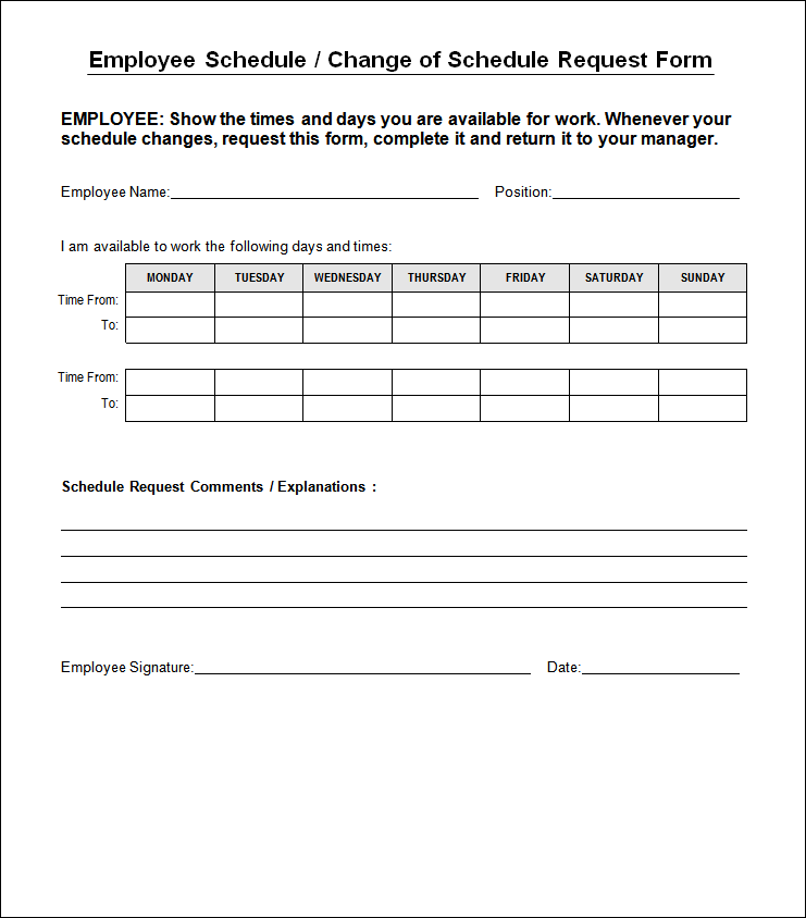 Work Schedule Change Request Form Template – printable schedule template