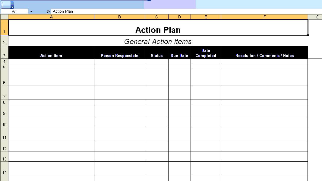 Minimalist Template Of Action Plan In Excel Format With Item And 