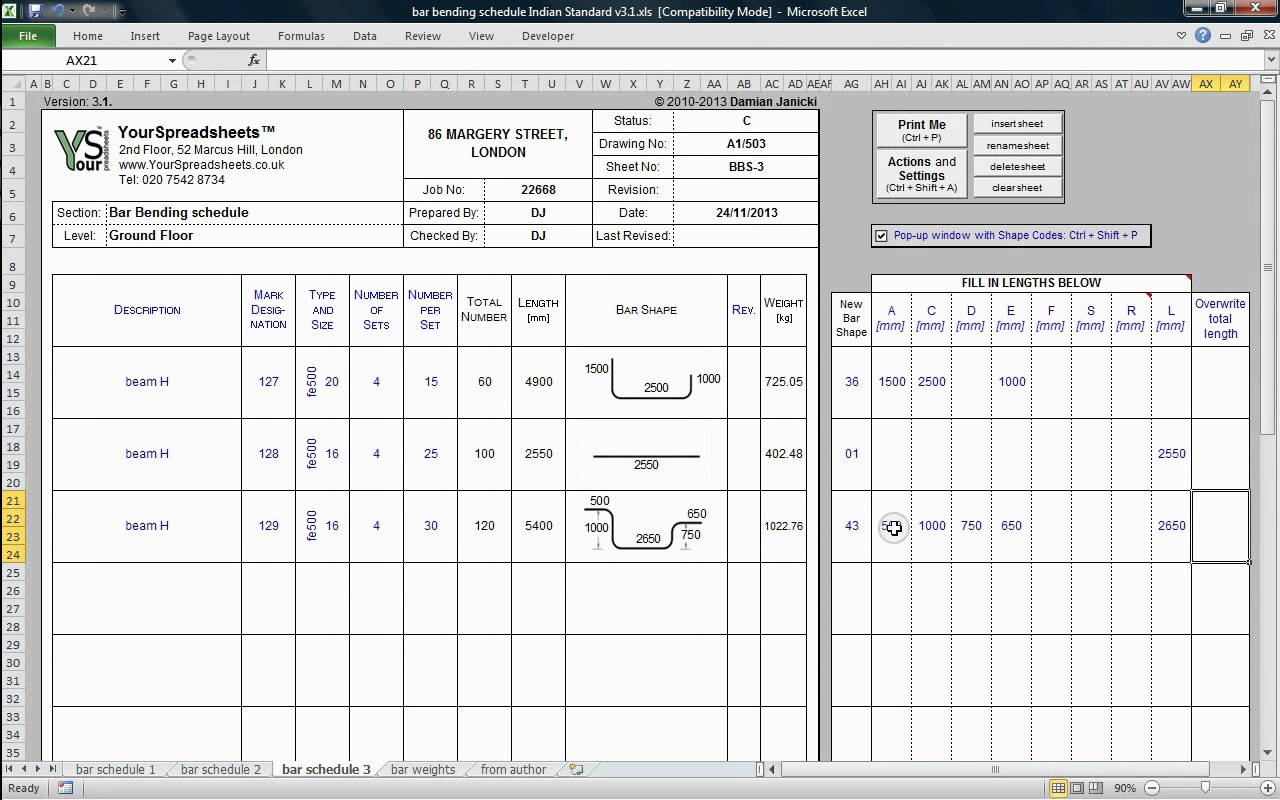 Bar Bending Schedule to IS 2502 Spreadsheet main features YouTube