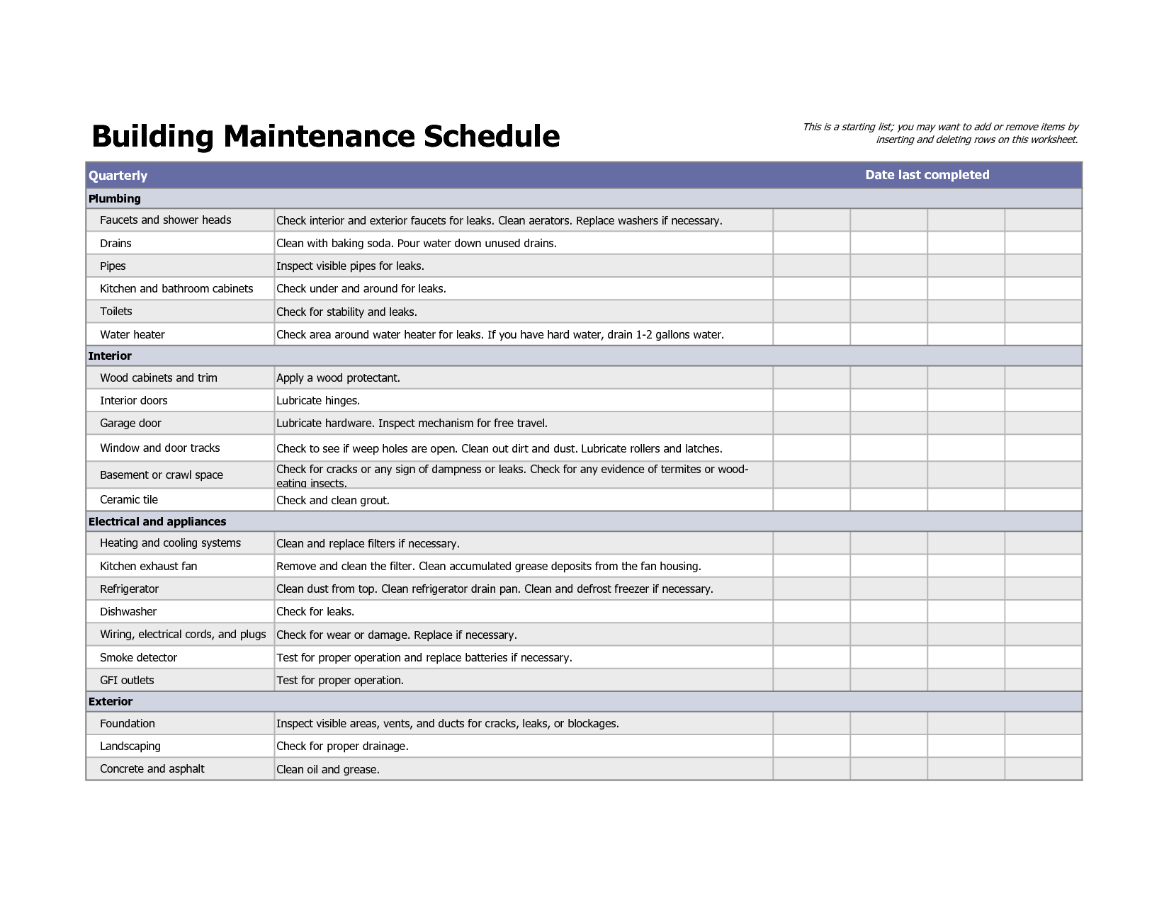 Building Maintenance Schedule Excel Template