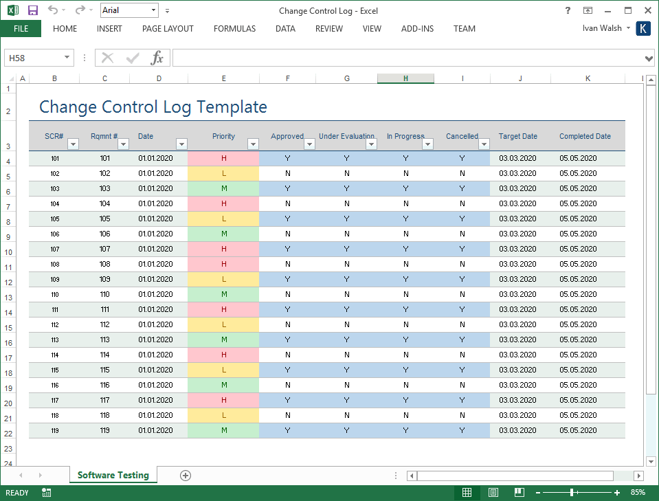 Change Control Log – MS Excel/Word – Software Testing Template