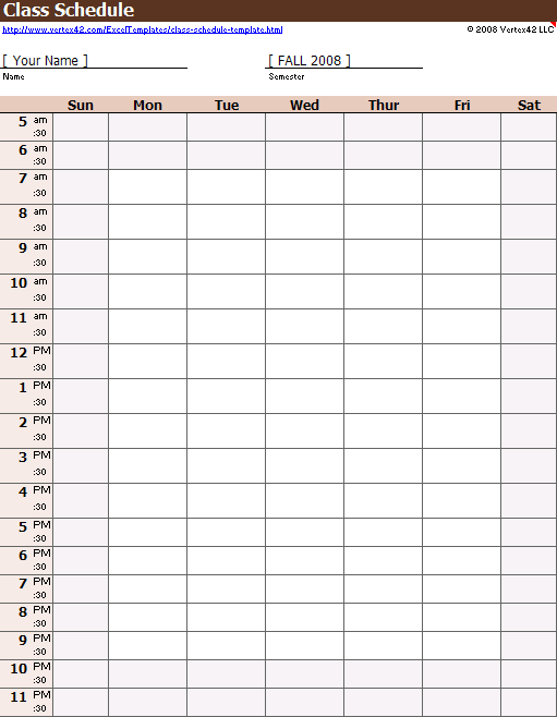 Weekly Class Schedule Template for Excel