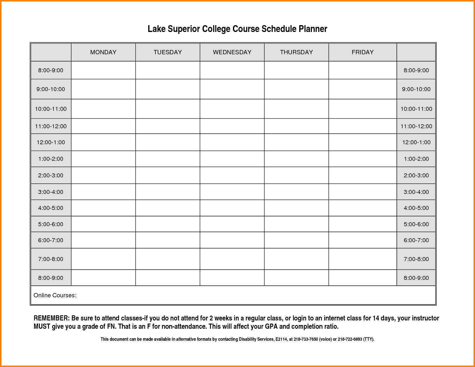 class routine format - Class Schedule Template College