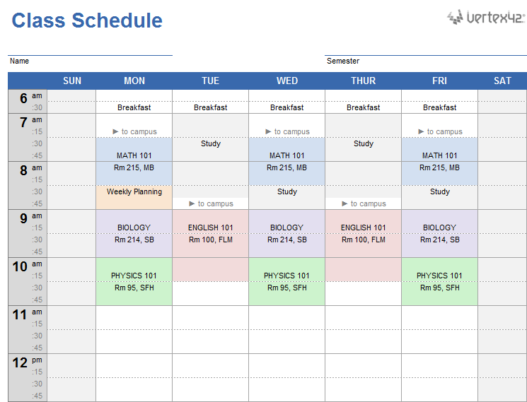 Weekly Class Schedule Template for Excel