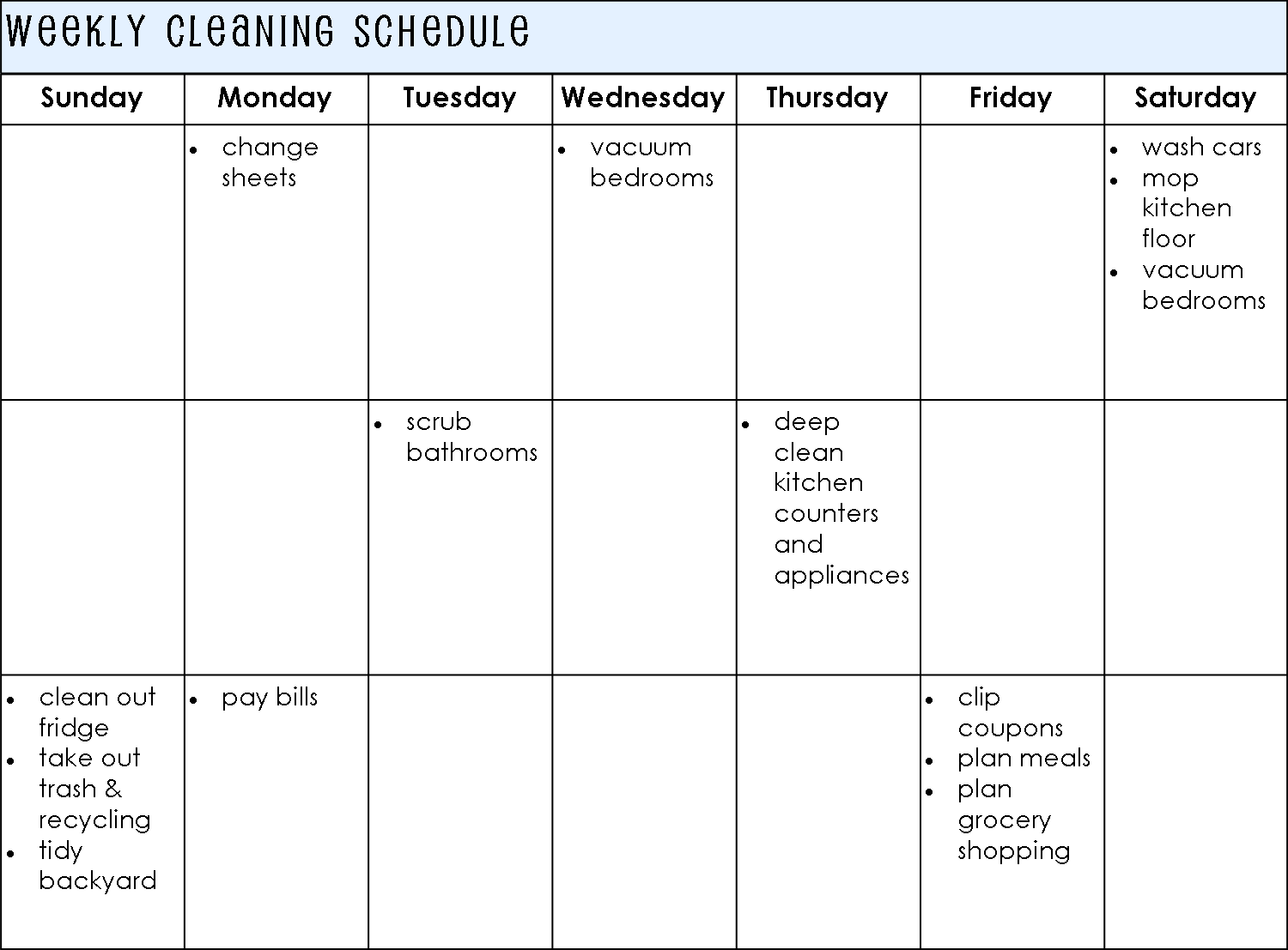 Weekly Based Cleaning Schedule Template For Personal : V m d.com