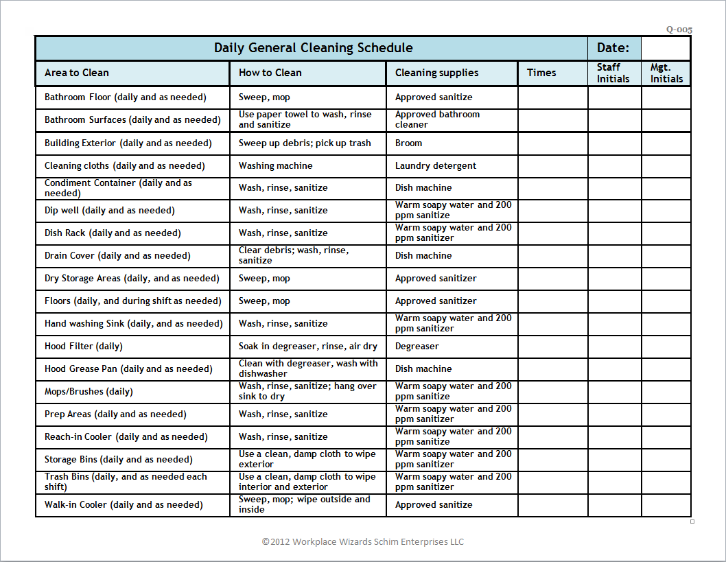 Restaurant Cleaning Schedule Workplace Wizards | Food Safety 