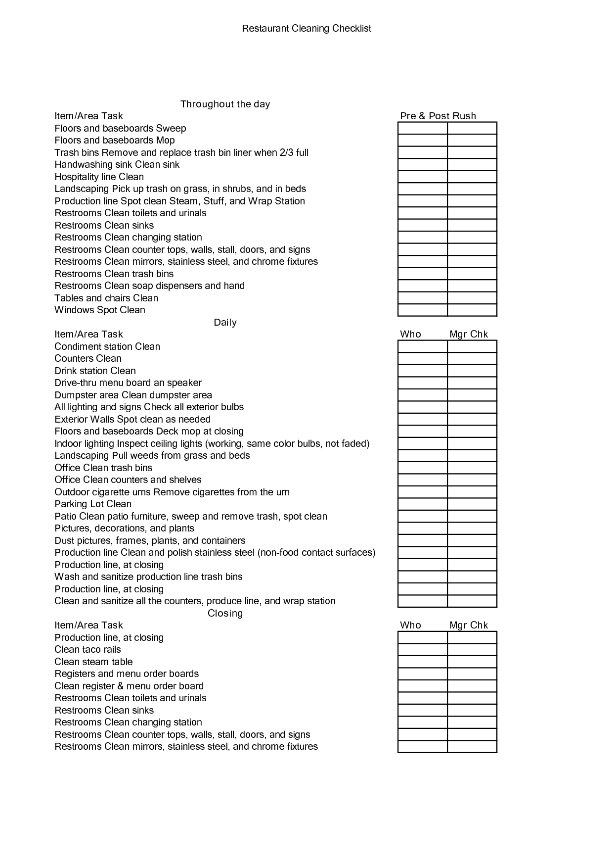restaurant task list | Restaurant Cleaning Checklist | Signs 