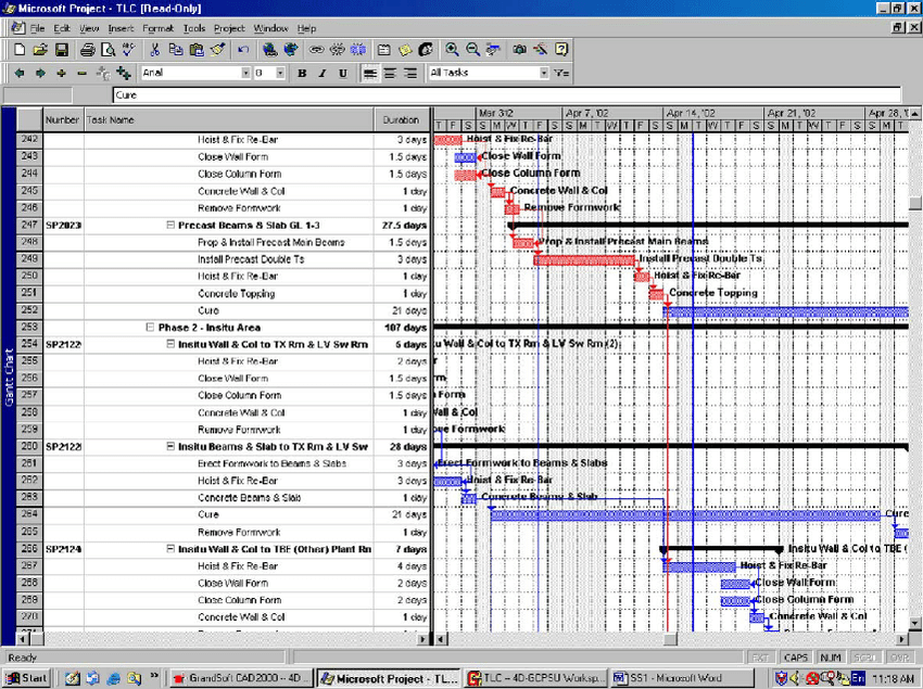 screen displaying the construction schedule prepared on MS Project.