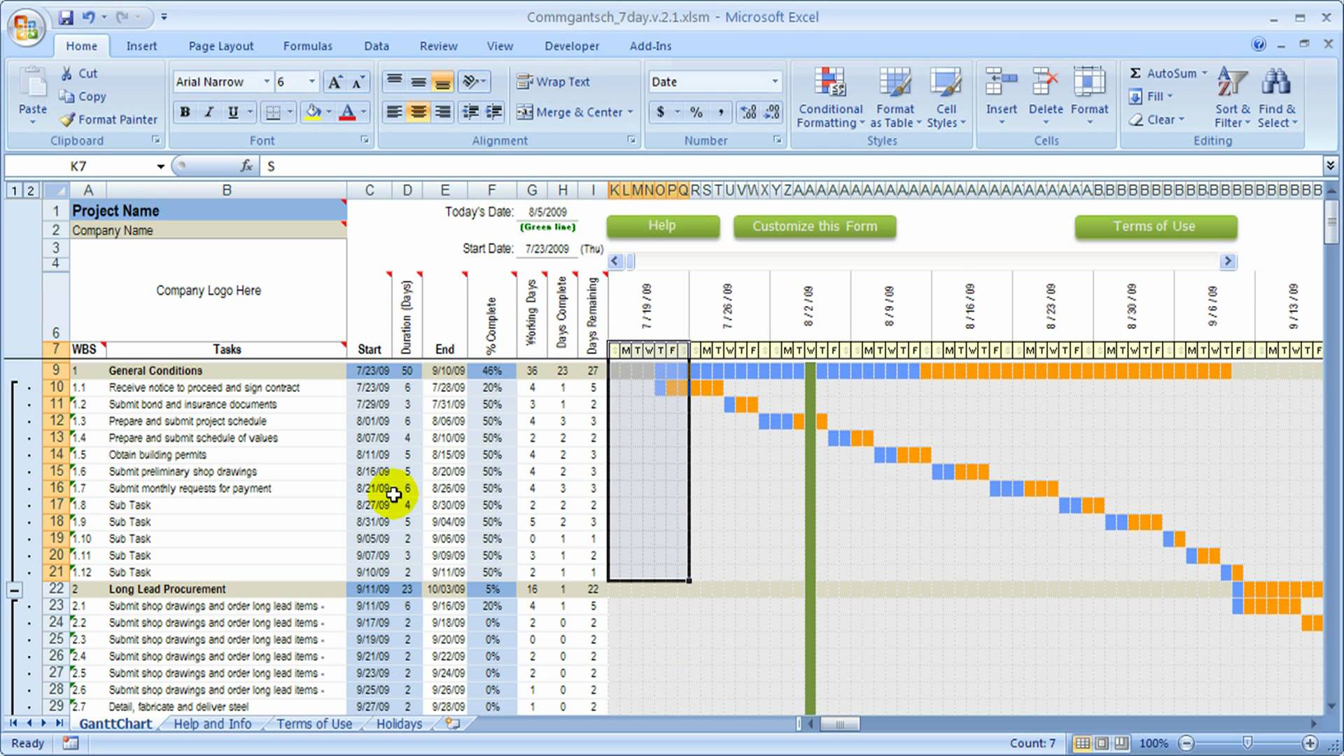 7 Day Construction Schedule Overview done with Excel YouTube