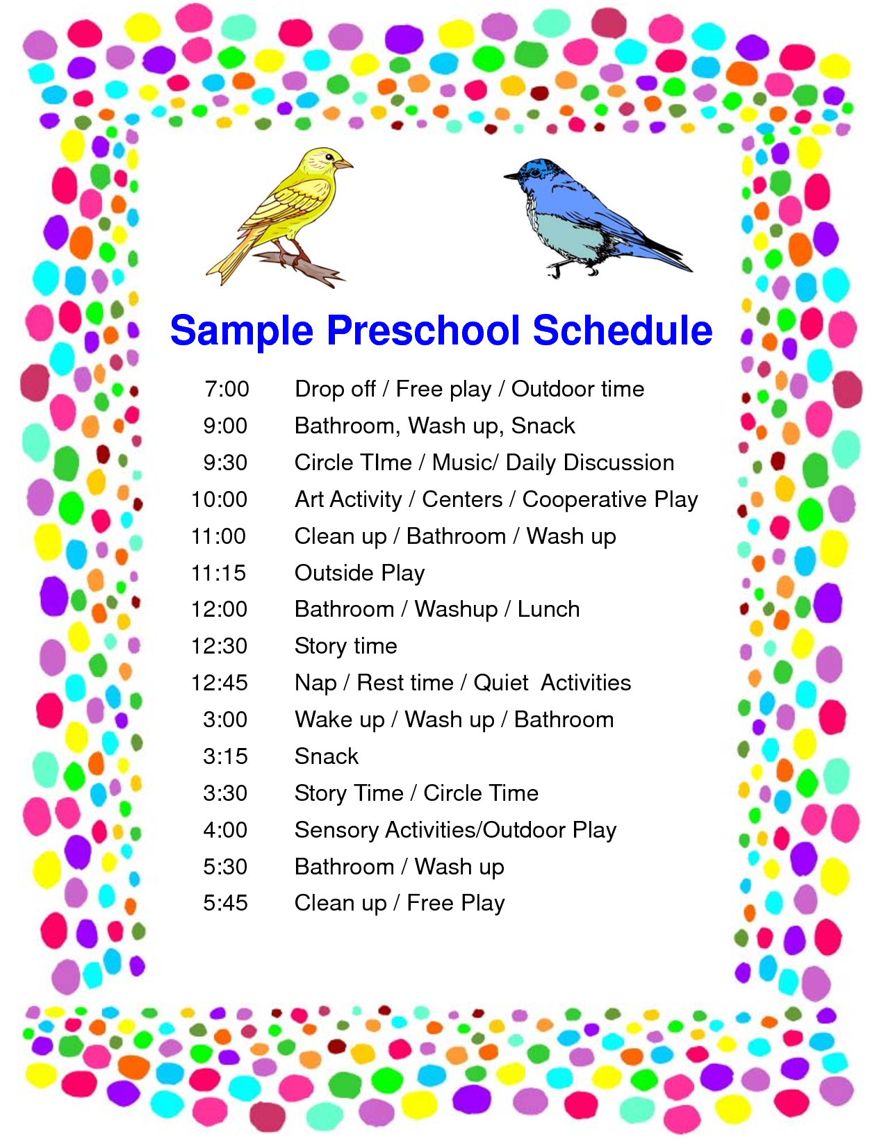 Preschool Daily Schedule Template