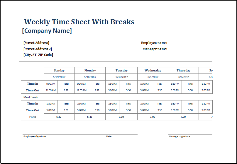 Employee Weekly Time Sheets with and without Breaks | Excel Templates