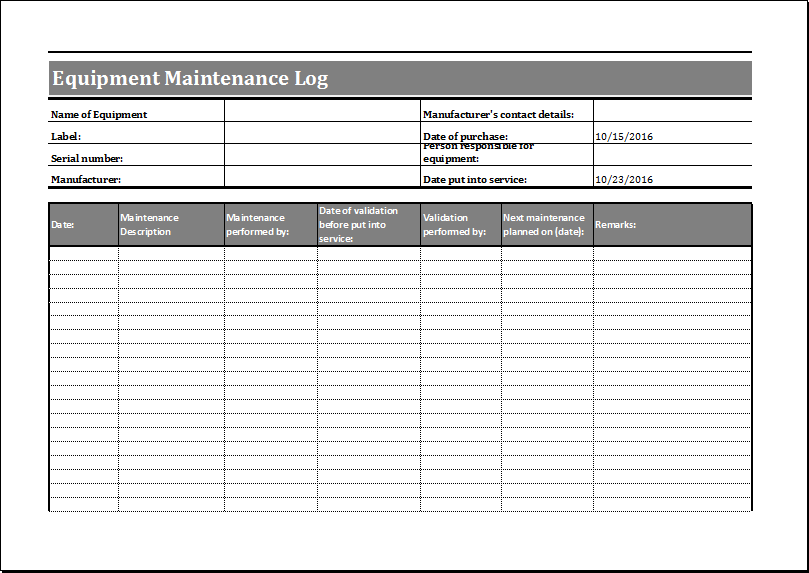 Attractive Equipment Maintenance Log Template For Word & Excel 