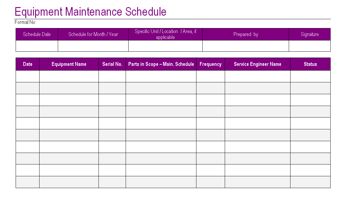 Impressive Equipment Maintenance Schedule Template And Form Table 