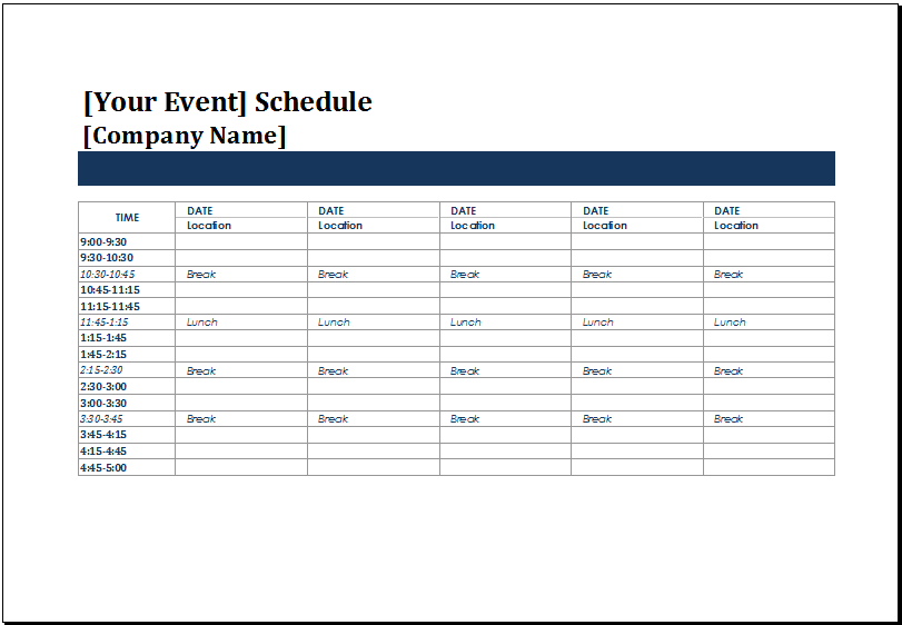 MS Excel Five Day Event Schedule Template