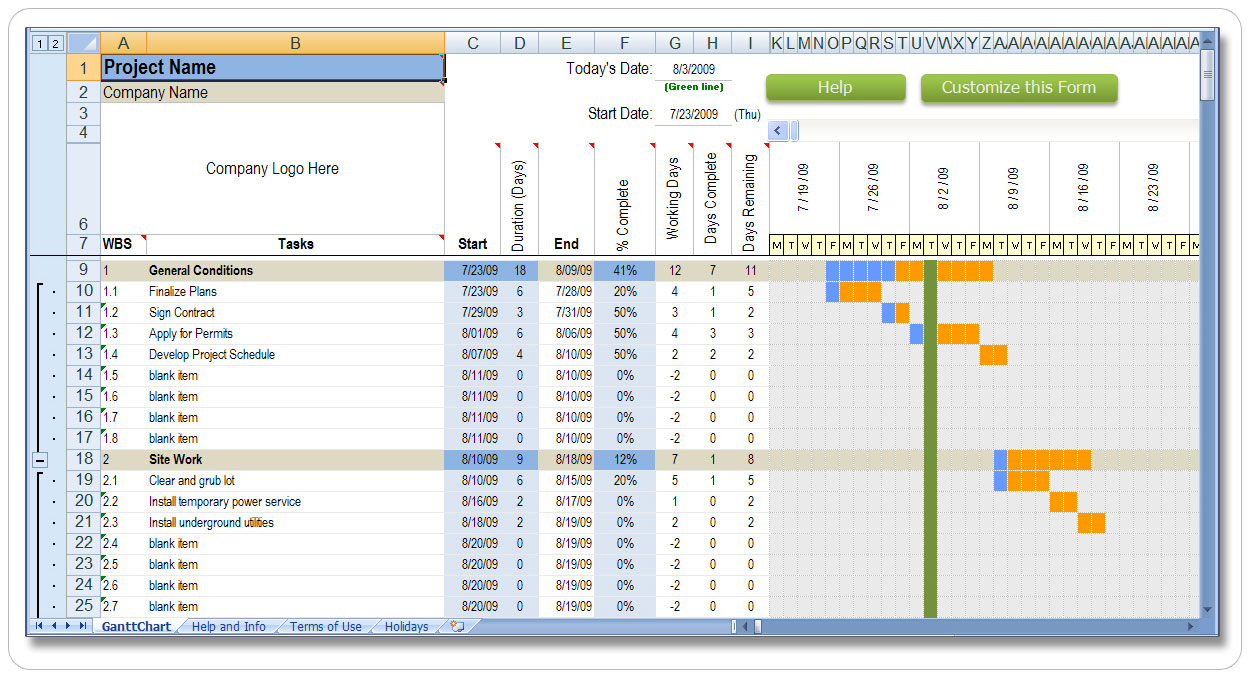 Construction Schedule Template Residential, Excel Workbook 