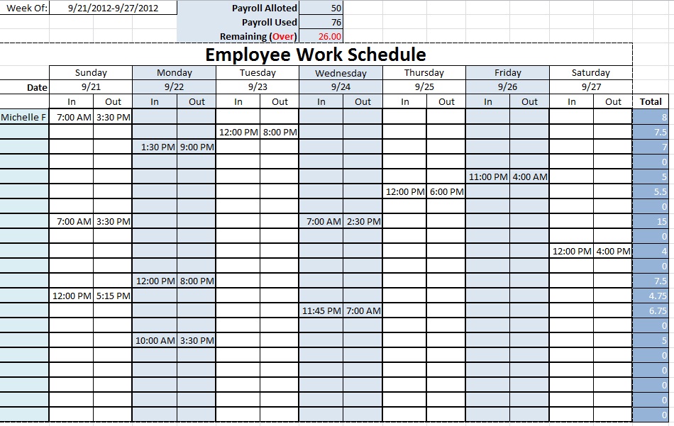 Excel Work Schedule Template Monthly printable schedule