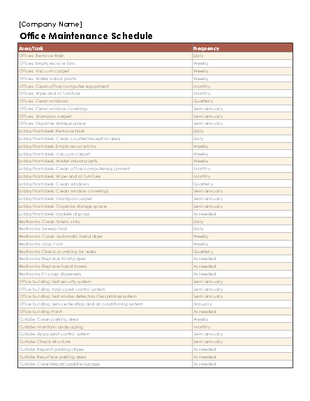 Office maintenance schedule Office Templates