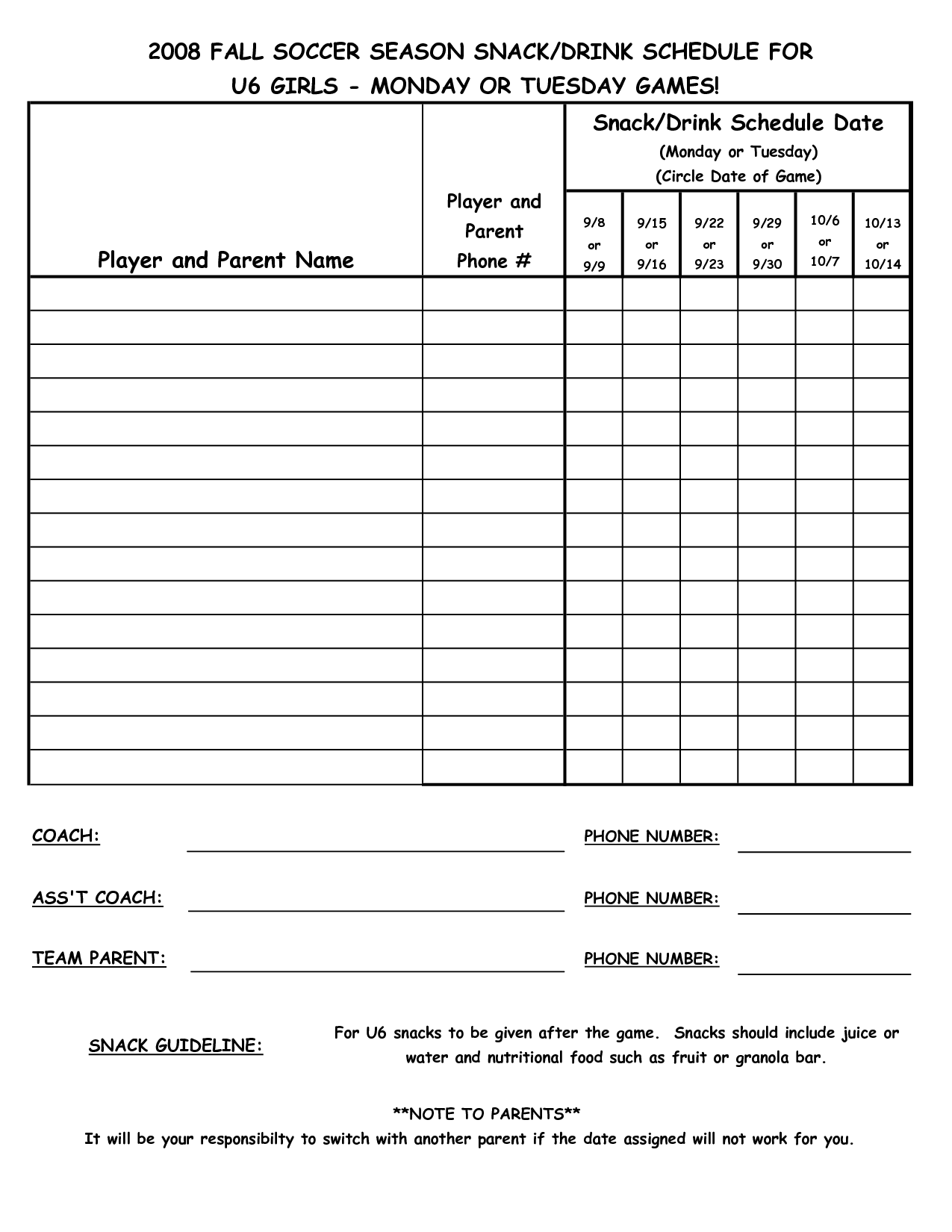 snack schedule template | FALL SOCCER SEASON SNACK DRINK SCHEDULE 