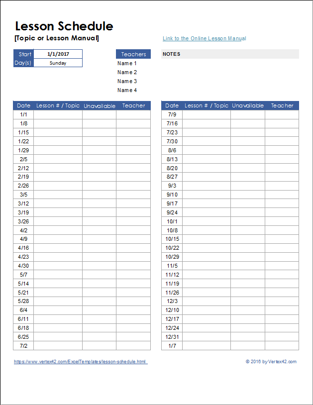 Lesson Schedule Template for Excel and Google Sheets