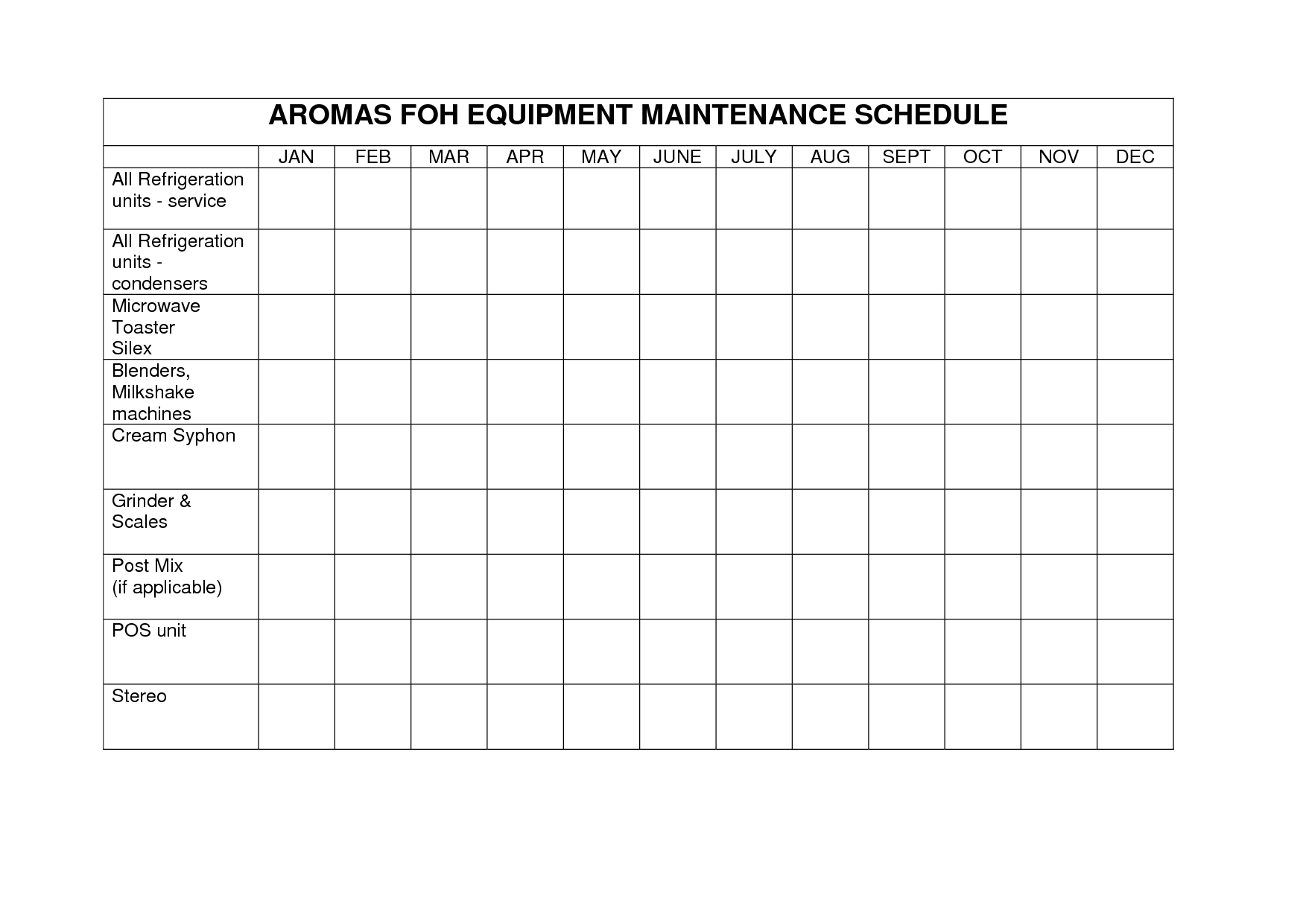 Equipment Schedule Template