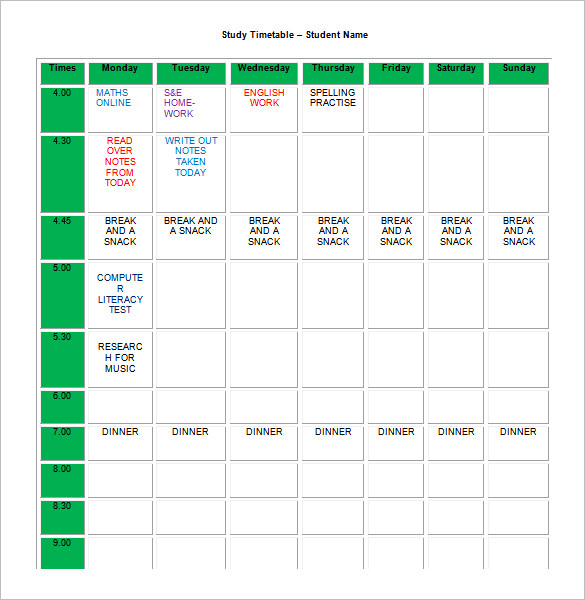 Homework Schedule Templates  Excel