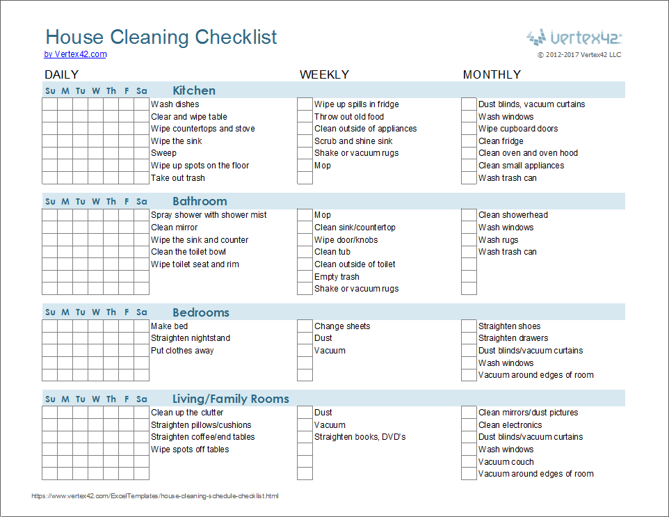 Weekly House Cleaning Schedule Template Checklist Chart Printable 