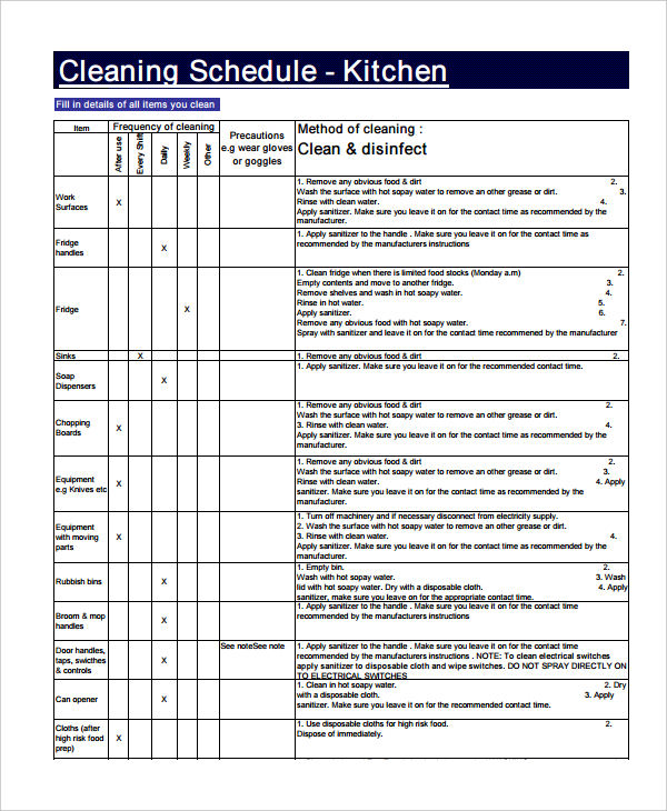 Printable Commercial Kitchen Cleaning Schedule Template