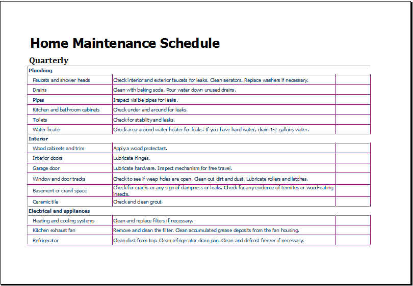 Home Maintenance Schedule Template for Excel | Excel Templates