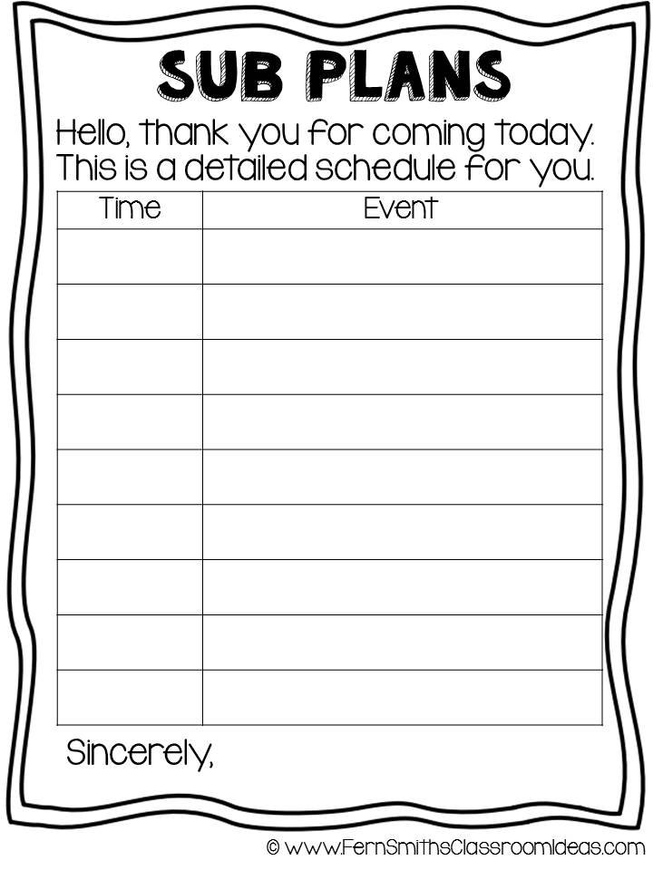 Editable} Sub Plan Template Freebie as seen on Fourth Grade 