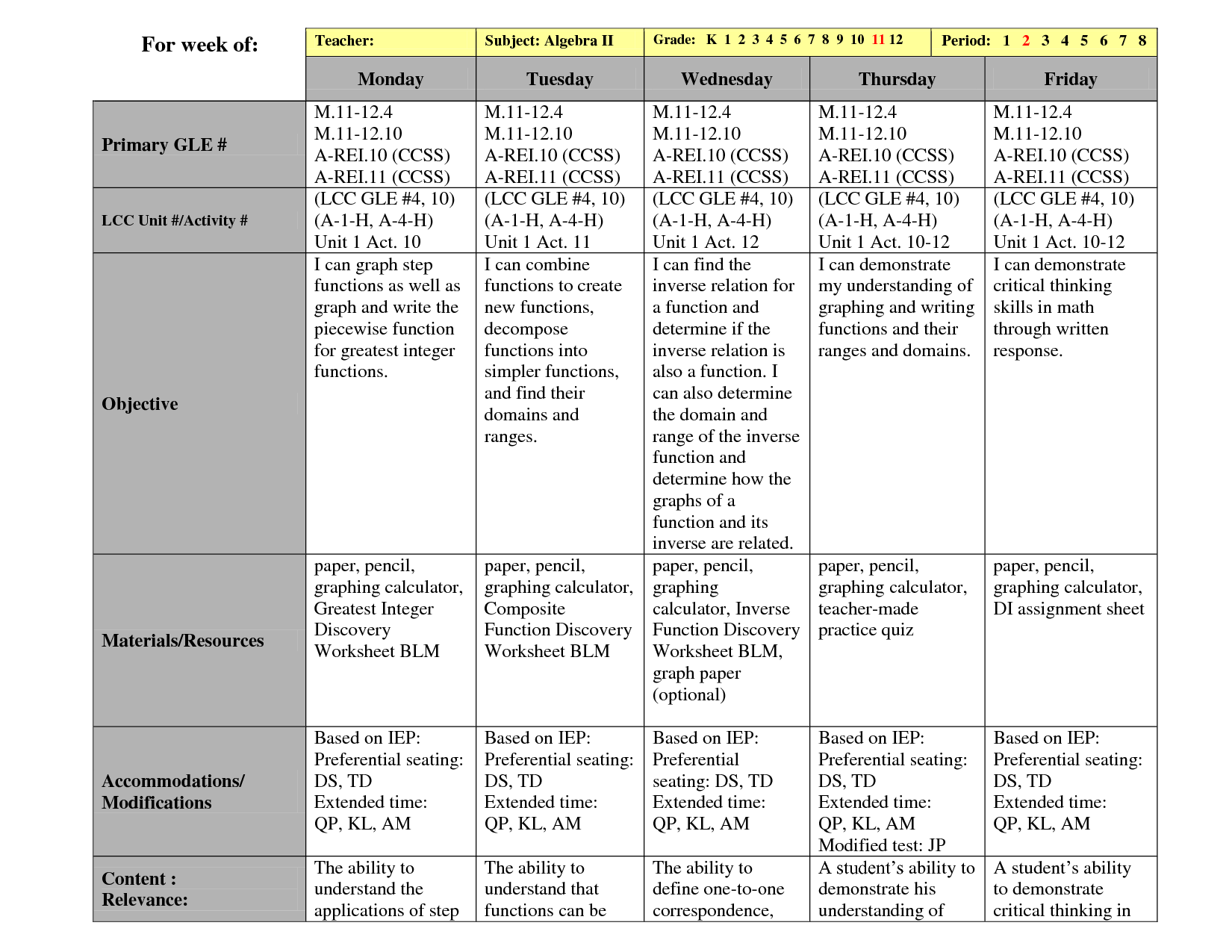 Best Photos of High School Lesson Plan Template High School Math 