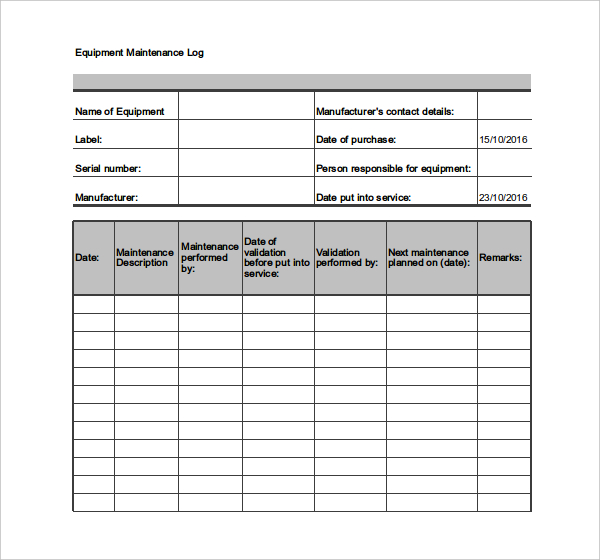 Equipment Maintenance Log Template | Word & Excel Templates