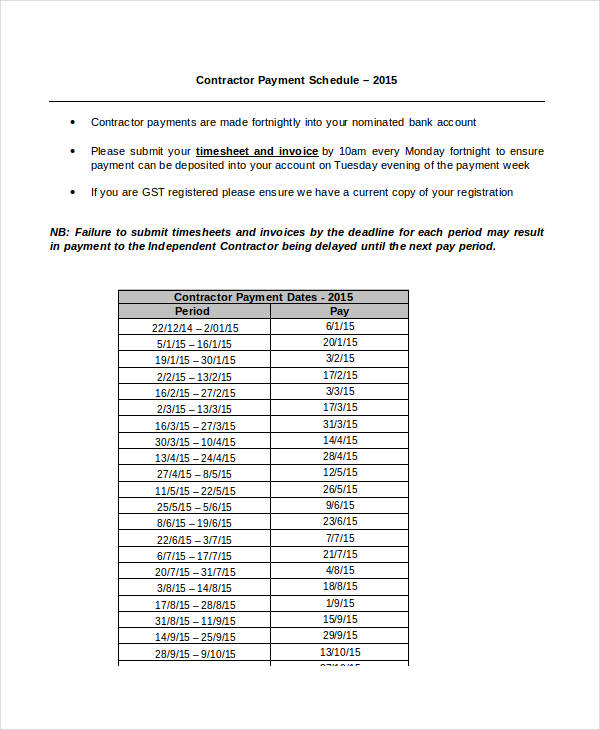 Contractor Payment Schedule