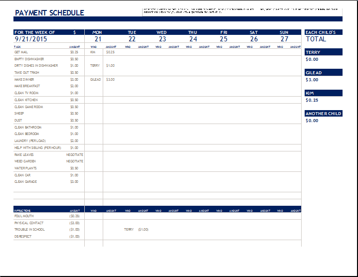 MS Excel Chore Payment Schedule Template | Word & Excel Templates