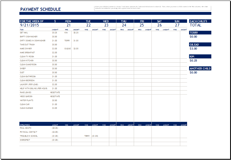 Chore Payment Schedule Template for MS Excel | Excel Templates