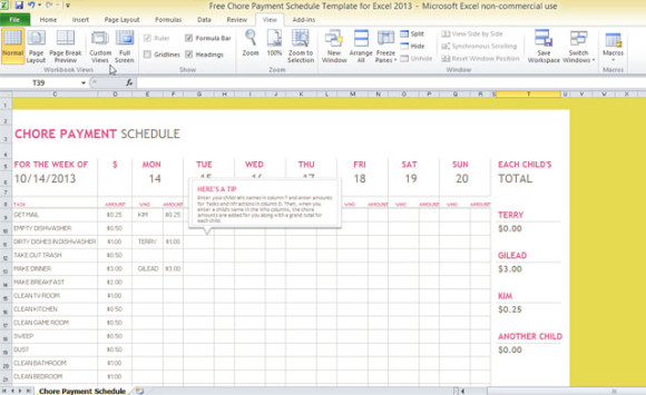 Free Chore Payment Schedule Template for Excel 2013