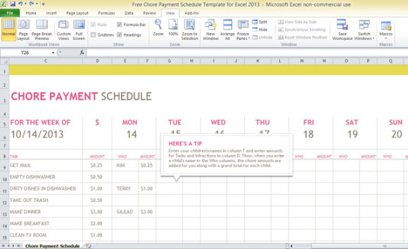 Free Chore Payment Schedule Template for Excel 2013