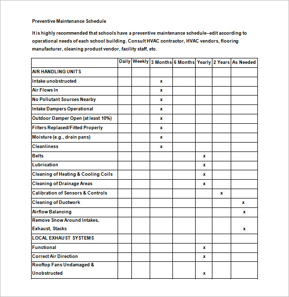 Preventive Maintenance Plan Template