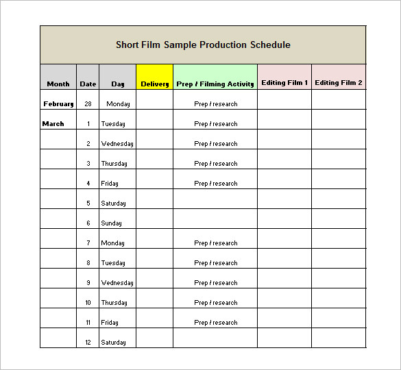 Film Production Schedule Template Film Shooting Schedule Template 