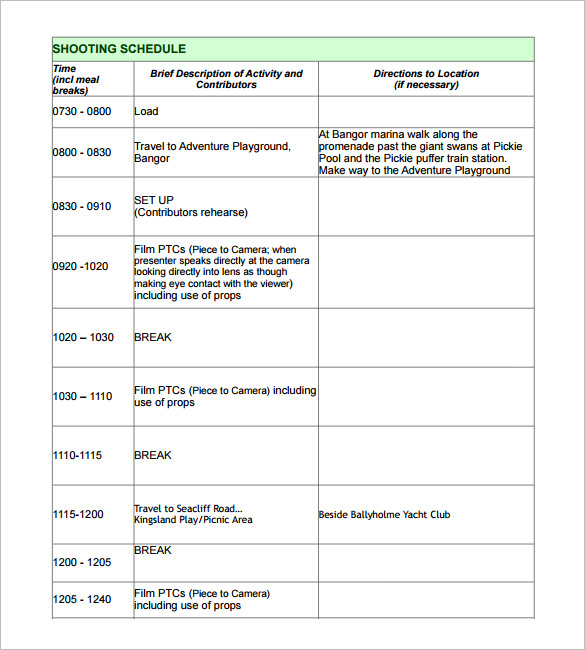 Film Production Shooting Schedule Template