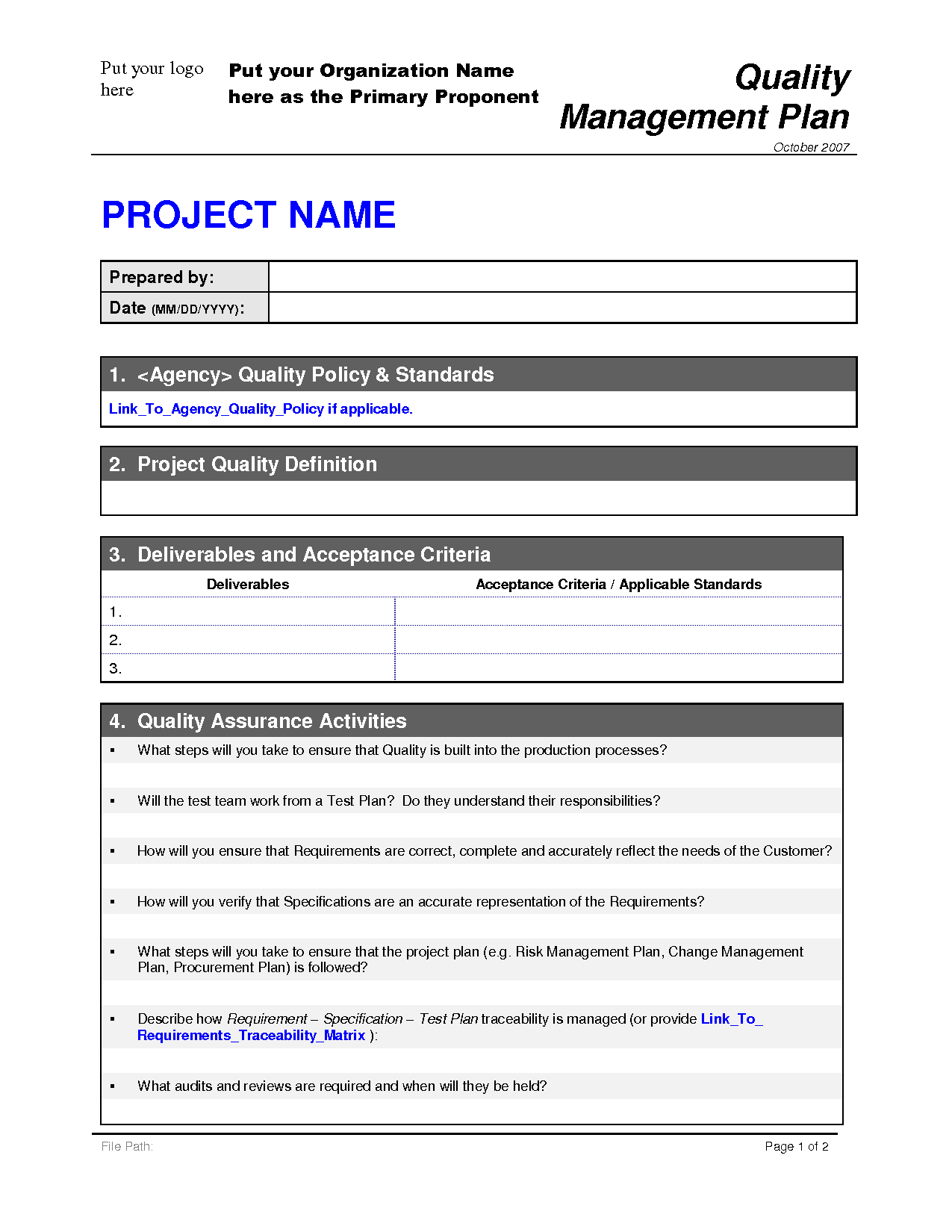 Project Management Schedule Example Quality Management Plan 