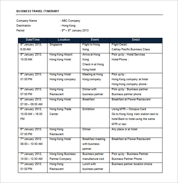 Business trip itinerary with meeting schedule Office Templates