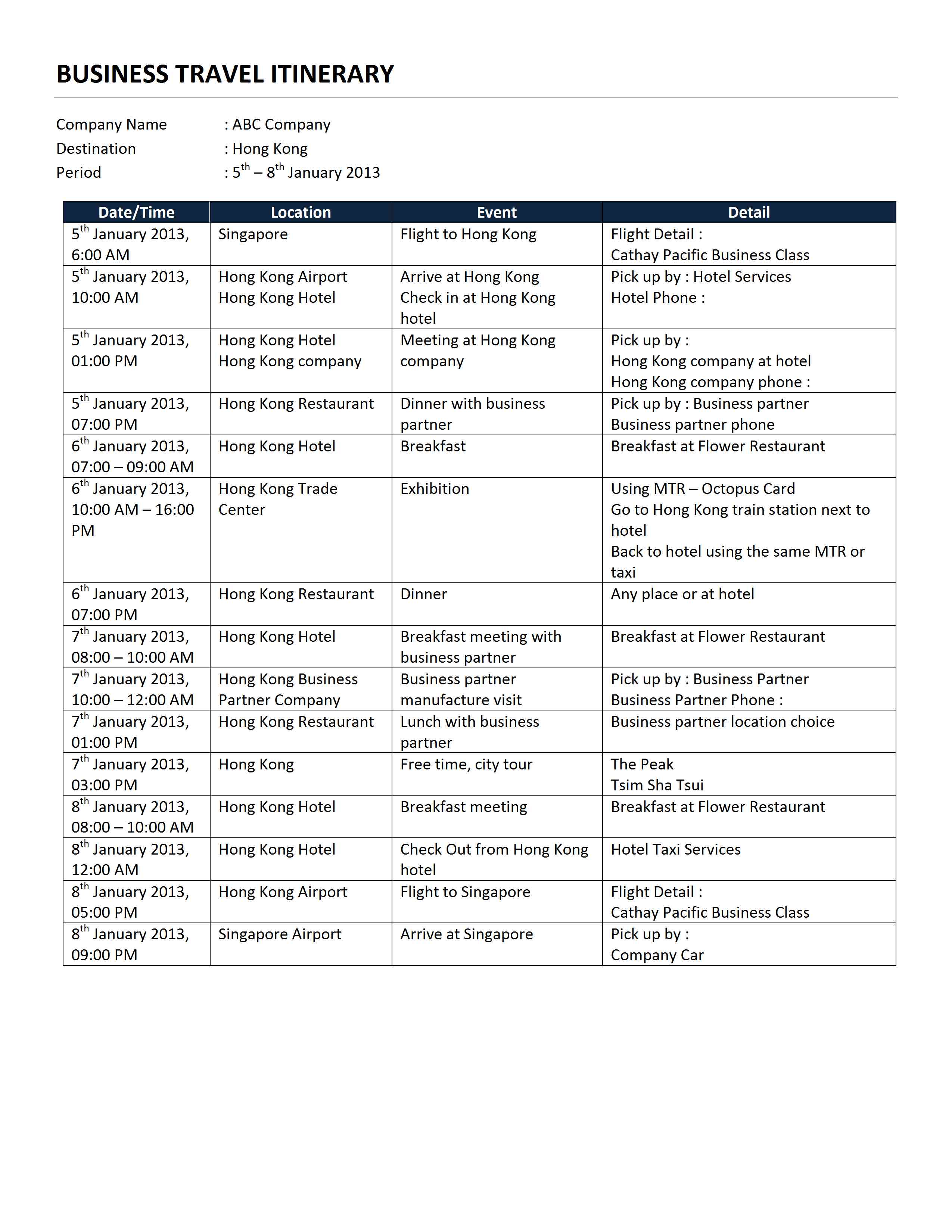 schedule itinerary template free