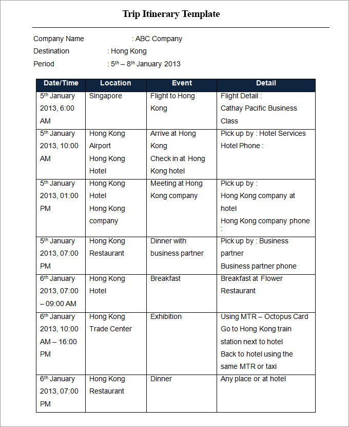 schedule itinerary template daily