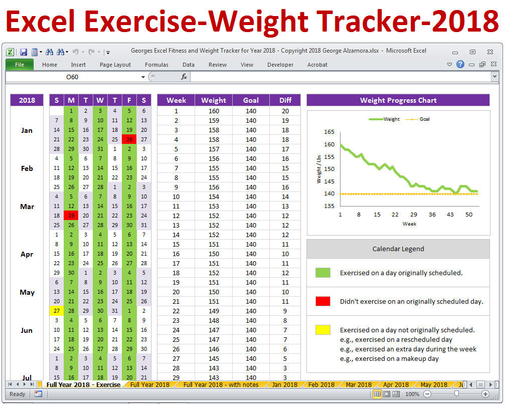 Excel Fitness Tracker and Weight Tracker for Year 2018 | Weight 