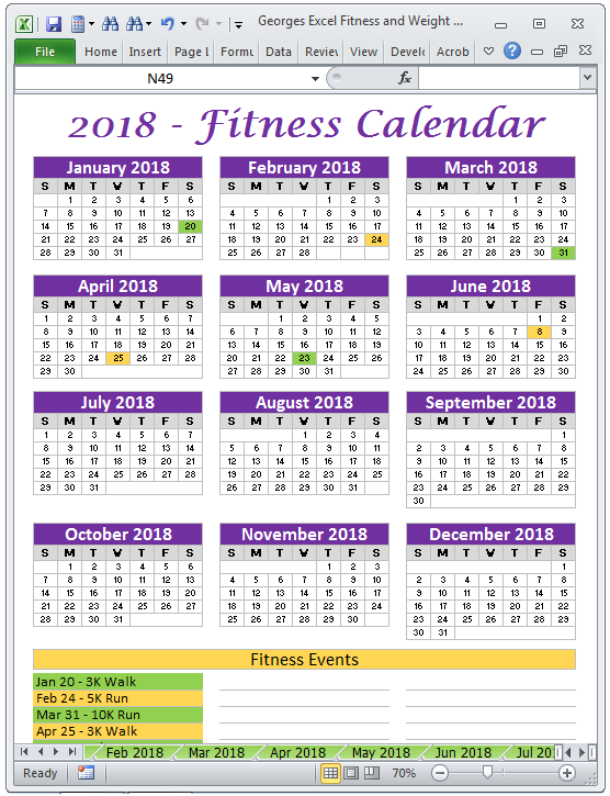 Excel Fitness Weight Loss Tracker Template for Year 2018 