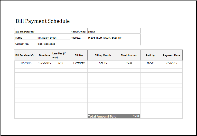 Bill Payment Schedule MS Excel Editable Template | Excel Templates