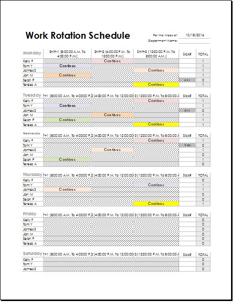 Employee Work rotation schedule Template for EXCEL | Excel Templates