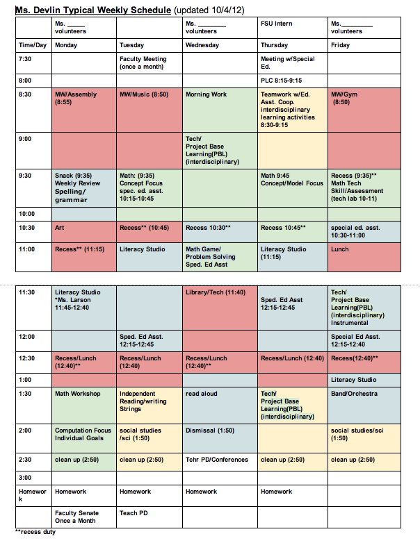 Classroom Schedule Template for Teachers | Weekly Pattern: A 