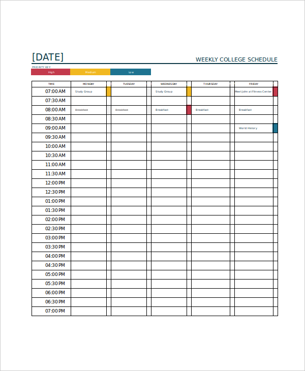 Weekly Schedule And Timetable Template For College Activity